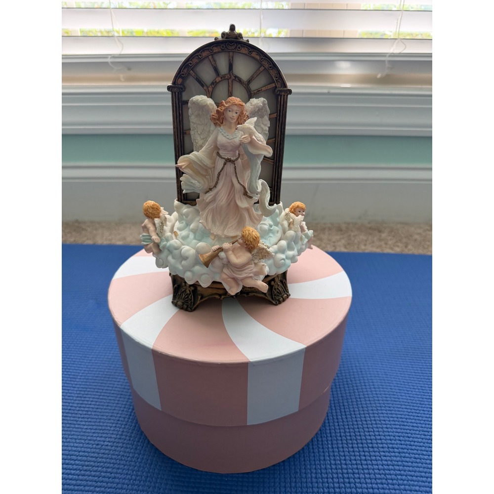 Vintage Angel Cherub Musical Figurine Rotating Music Box Light Up Religious Art